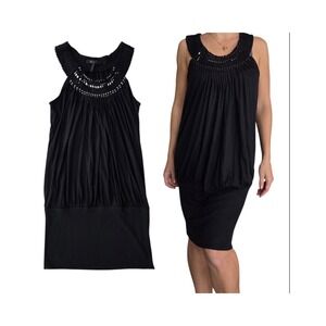 BCBGMAXAZRIA Pleat Beaded Halter Neck Blouson Tunic Dress S Black Stretch NEW